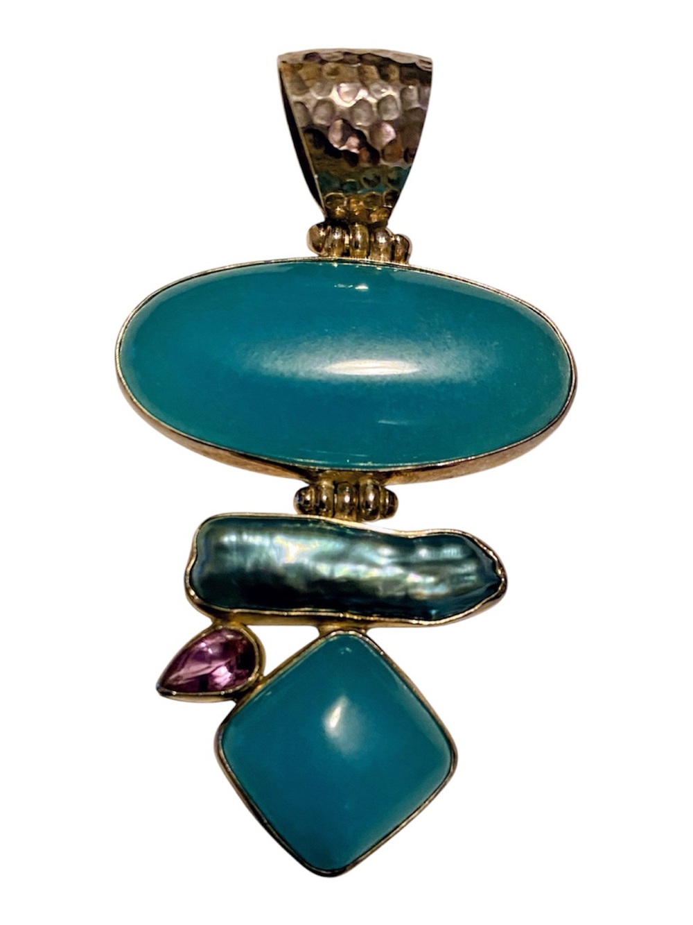 Gem Silica Chrysocolla Chalcedony Amethyst Sterling Silver Pendant